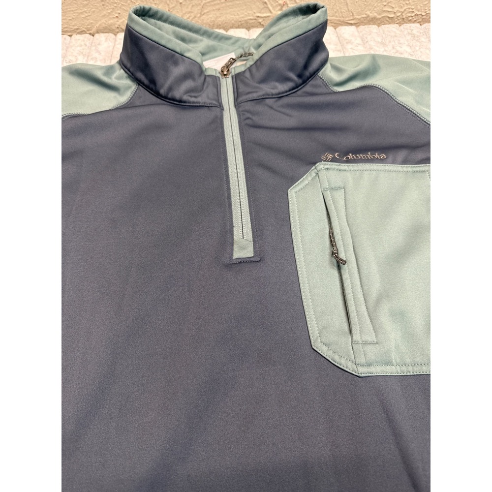 Columbia Mens XXL Quarter Zip Fleece Lined Pullover Blue Green Chest‎ Pocket